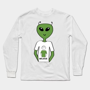 "Believe" T-shirt with Alien Wearing a T-shirt with a Human (Guy) Long Sleeve T-Shirt